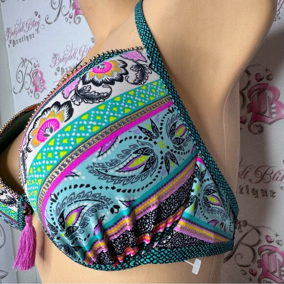 Shade & shore bikini top paisley print tassle bright dotted gold beads 34DD boho - Picture 10 of 13